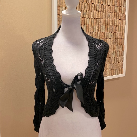 Le Chat Paris. Short Black Open Knit Cardigan with Satin Bow for Closure - Picture 1 of 12